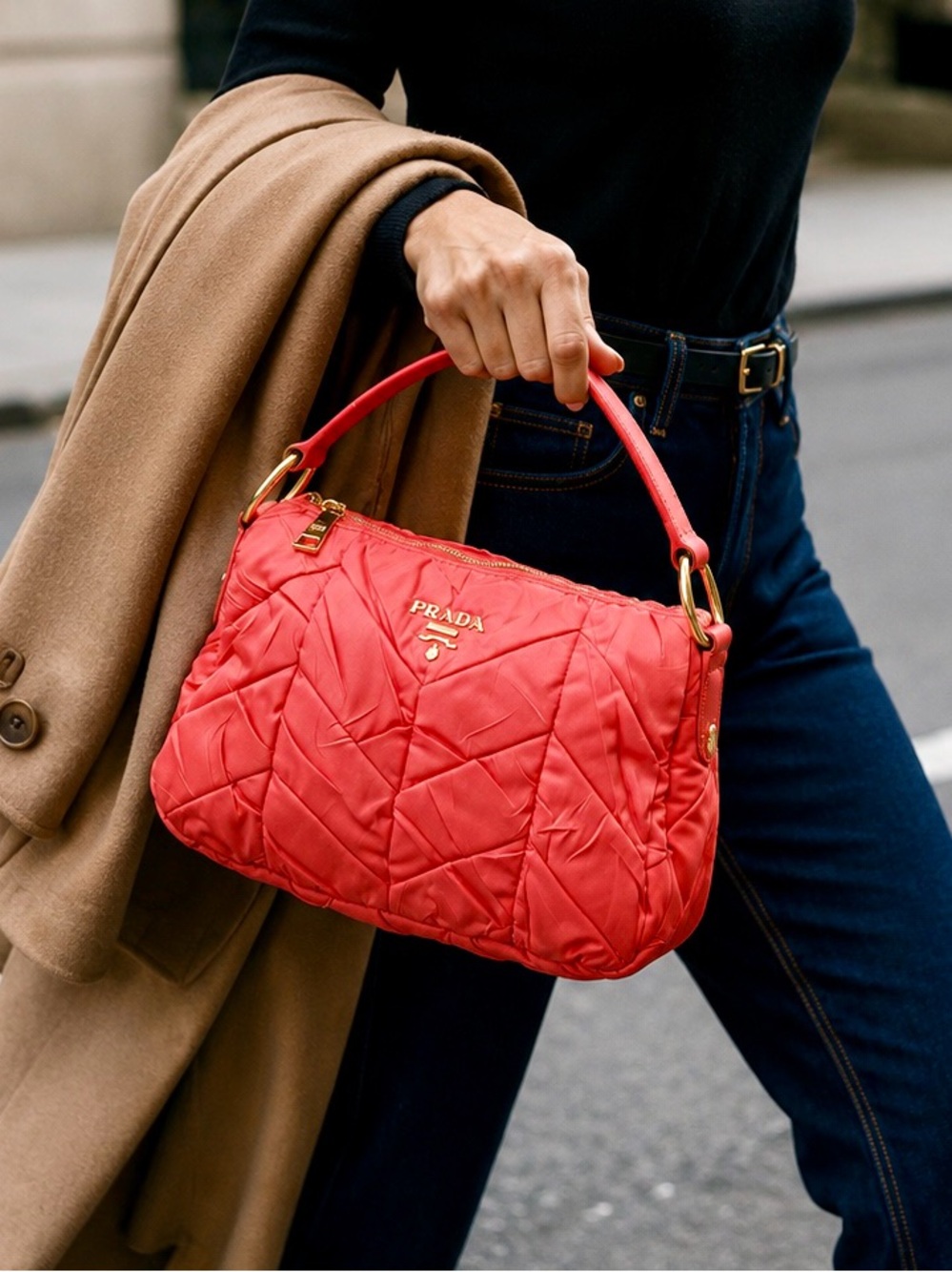 Prada Tessuto Nylon Pleated Shoulder Bag Coral Red Gold